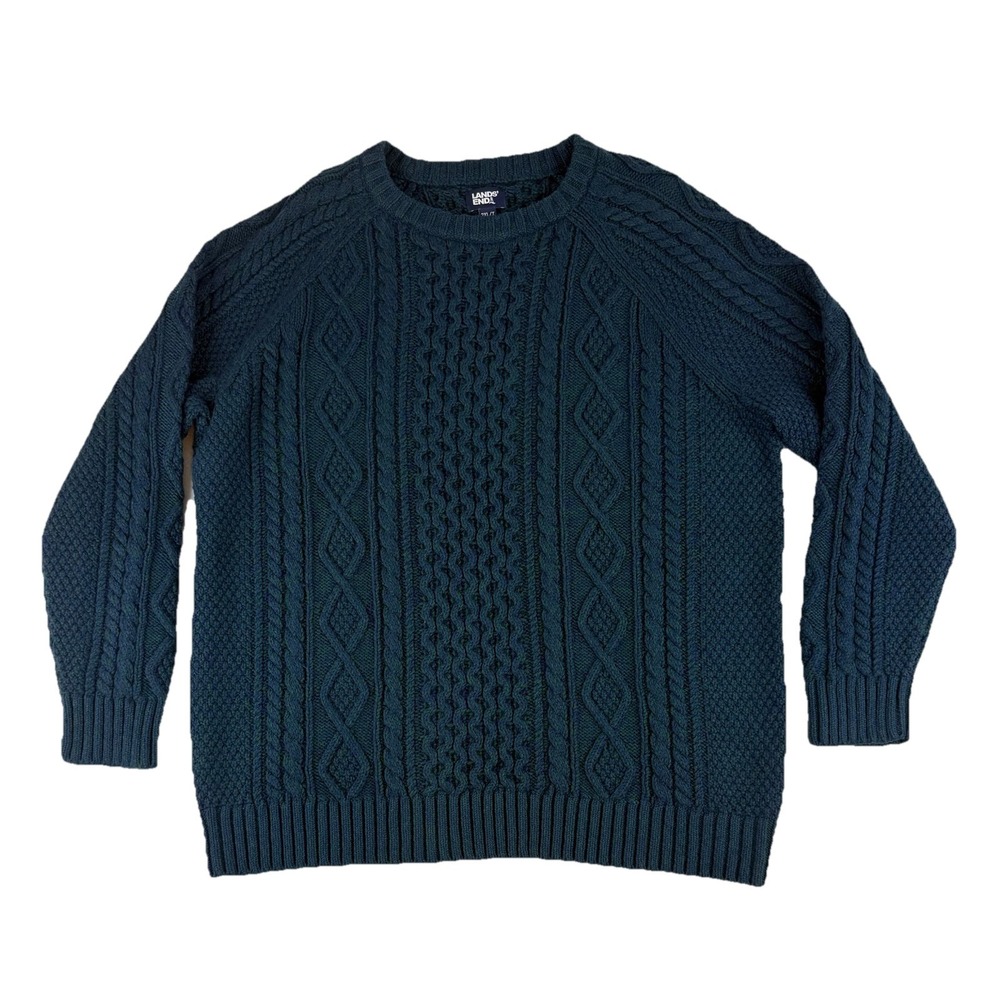 Lands End Heavy Pullover Sweater‎ Men's 2XL Tall Cable Waffle Rib Blue Green